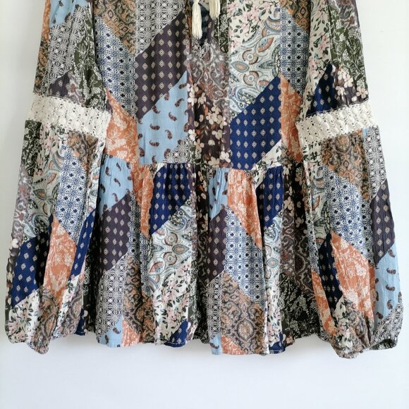 Cleo + Wolf Womens Multicolor Tasseled Patchwork Boho Peasant Blouse Top Size L - Picture 3 of 8